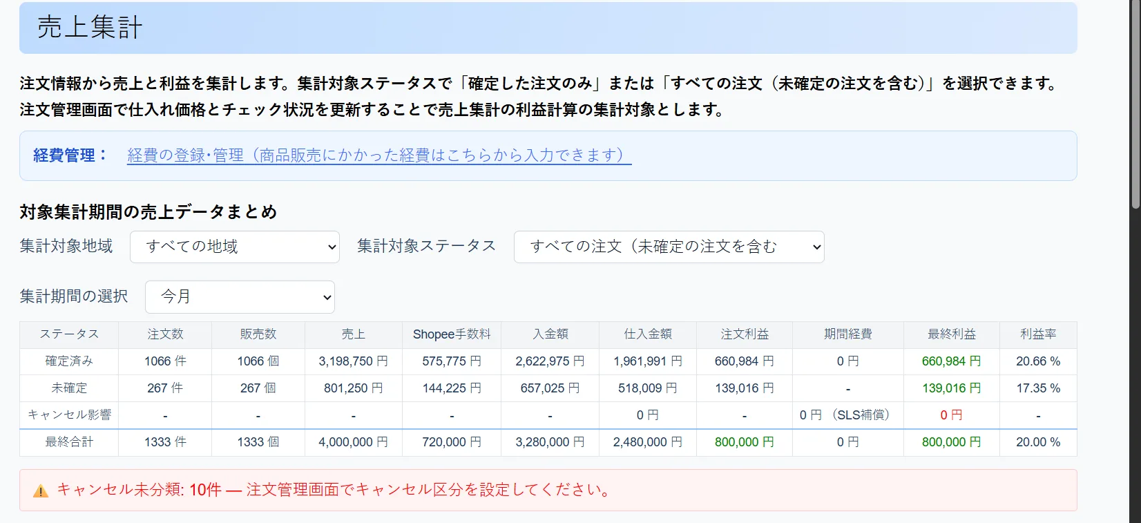 講師の直近1ヶ月の売上集計画面